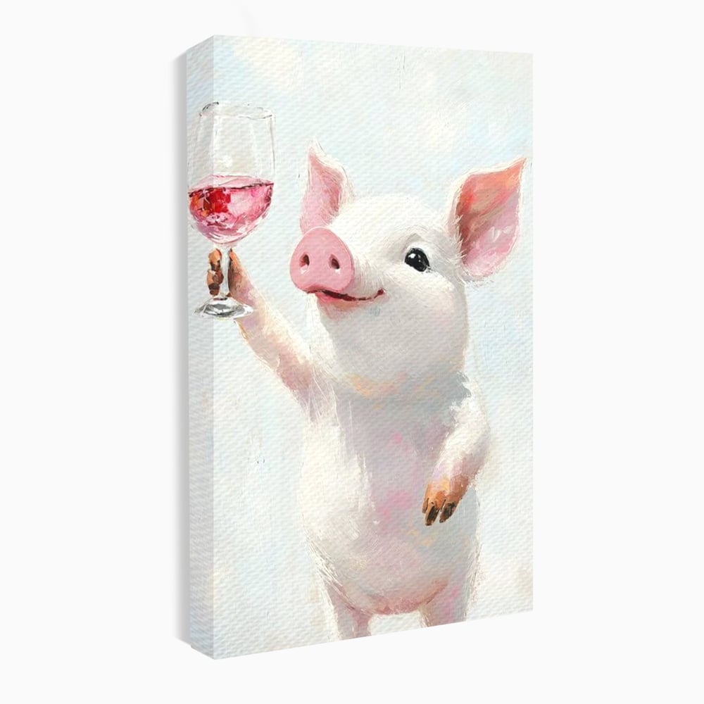 Tablou canvas cu tablou canvas cu purcelus si pahar de vin, fara rama, pe sasiu de lemn